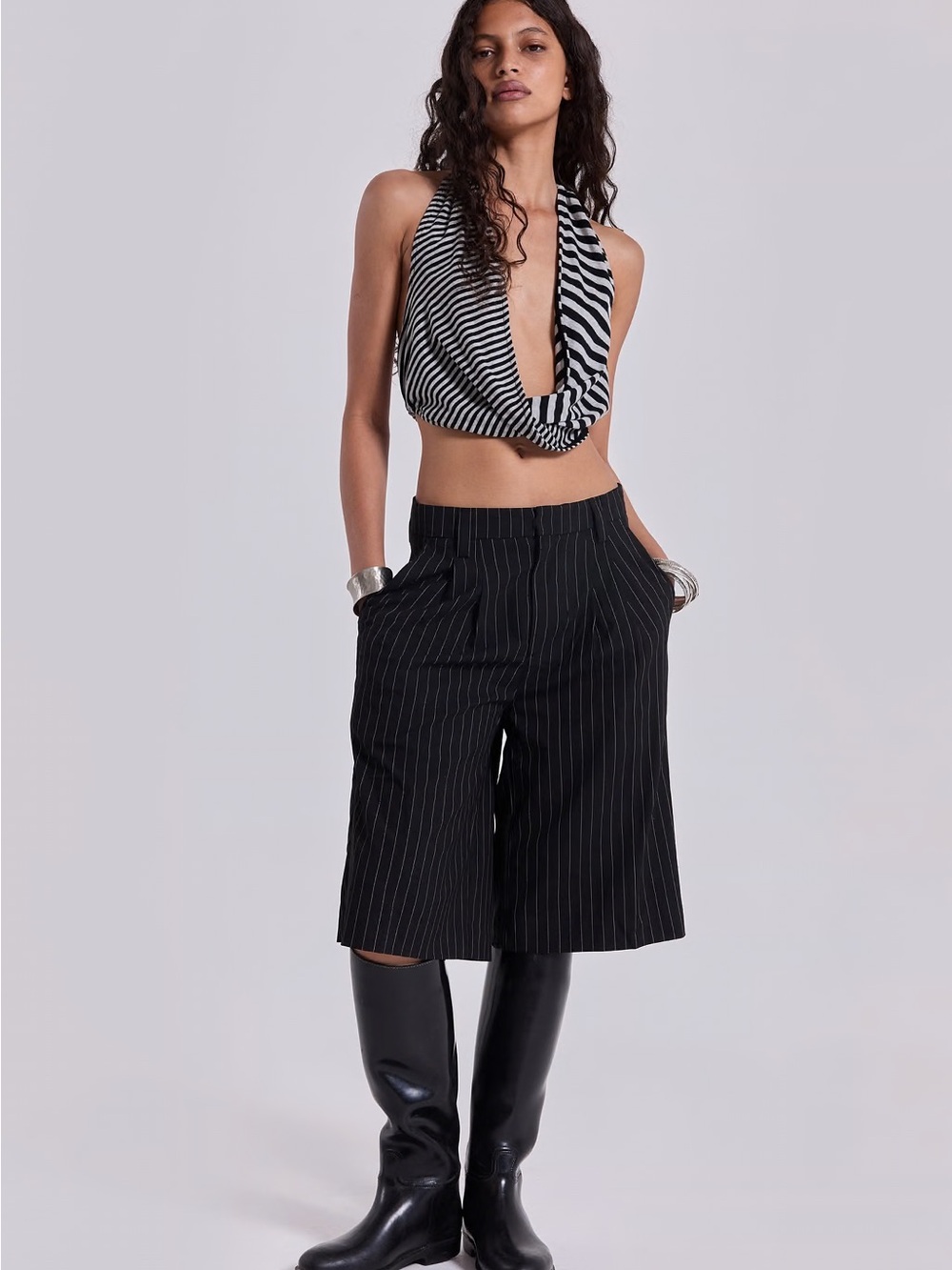 Black Pinstripe Goliath Long Shorts/Bermudas Jaded London